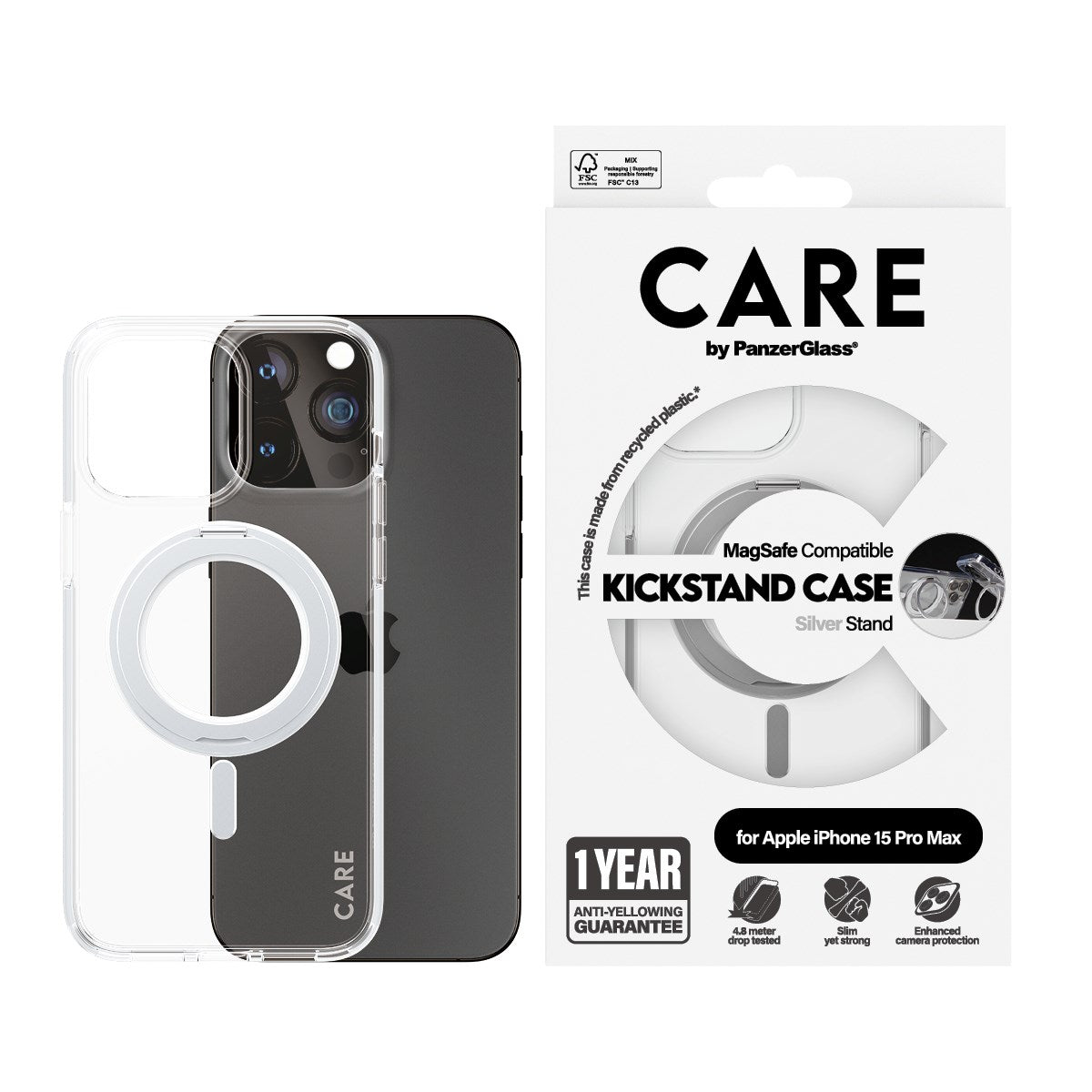 CARE by PanzerGlass® Case Transparent w. Silver Kickstand & MagSafe iPhone 15 Pro Max
